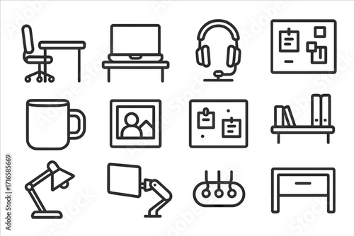 Minimalist Workspace Icons. Line style icons of employee workspace: desk with chair, laptop on table, headset on stand, notepad on