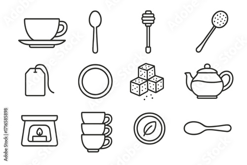 Tea Accessories Icons. Line style icons of tea accessories: saucer under cup, tea spoon, honey stir stick, tea strainer; tea bag
