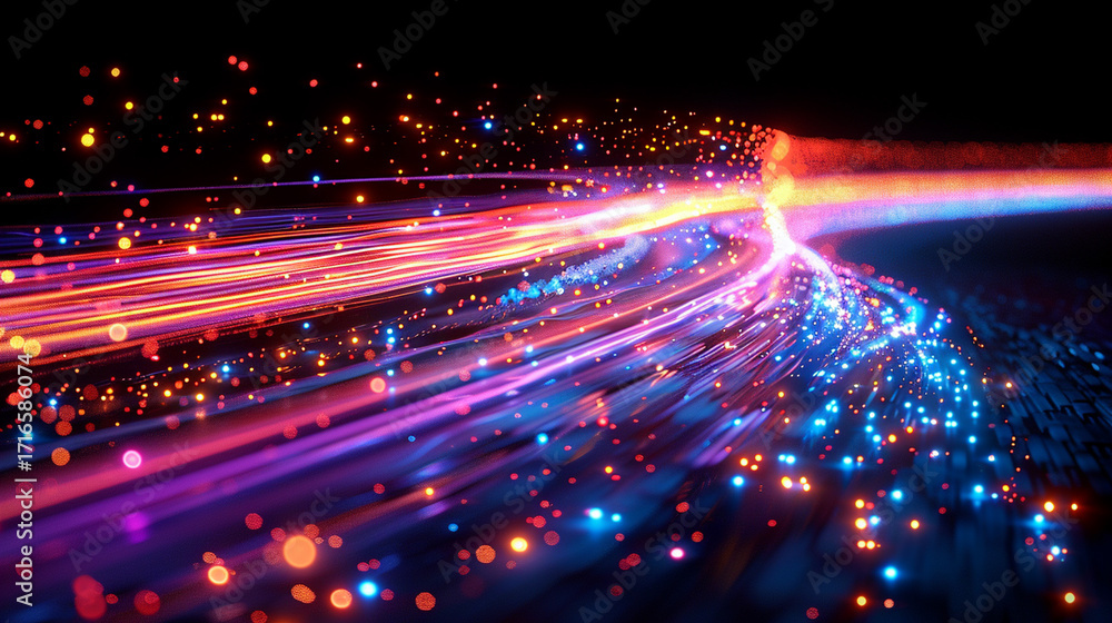 Obraz premium Colorful light streaks, particles, dark space background, digital art