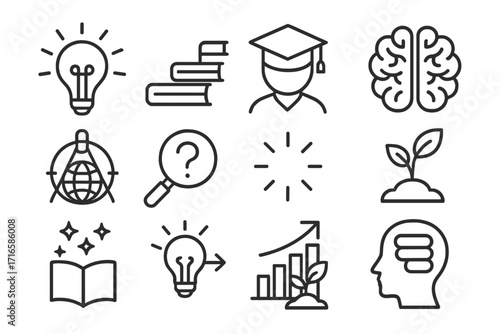 Knowledge Icons Art. Line style icons of knowledge and inspiration: rising lightbulb, staircase of books, student with cap,