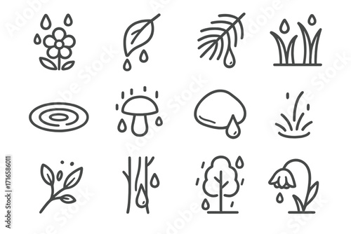 Wet Nature Icons. Line style icons of wet nature symbols: flower in rain, leaf drip, pine branch wet, grass with dew; puddle
