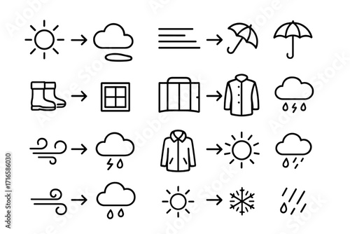Weather Transition Icons. Line style icons of minimal weather transitions: sun to cloud, drop to puddle, fog to clear, umbrella to