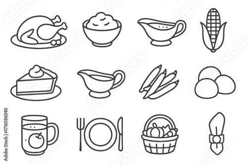 Thanksgiving Feast Icons. Line style icons of Thanksgiving dinner: roasted turkey, mashed potatoes, cranberry sauce, corn on the