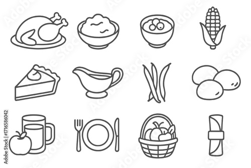 Thanksgiving Feast Icons. Line style icons of Thanksgiving dinner: roasted turkey, mashed potatoes, cranberry sauce, corn on the