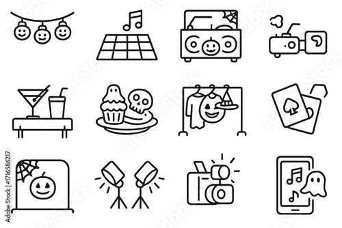 Halloween Party Line Icons. Line style icons of Halloween party essentials: hanging lights, dance floor, DJ booth, smoke machine;
