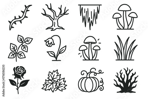 Line Style Eerie Nature Icons. Line style icons of eerie plants and nature: thorny vine, dead tree, hanging moss, mushroom cluster