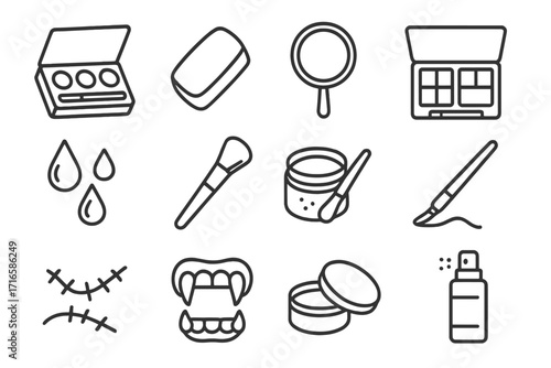 Halloween Makeup Icons. Line style icons of Halloween makeup tools: face paint, sponge, mirror, eye shadow; fake blood, makeup