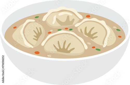 A simple vector illustration of a white bowl filled with four dumplings in a savory broth, garnished with green and red specks.