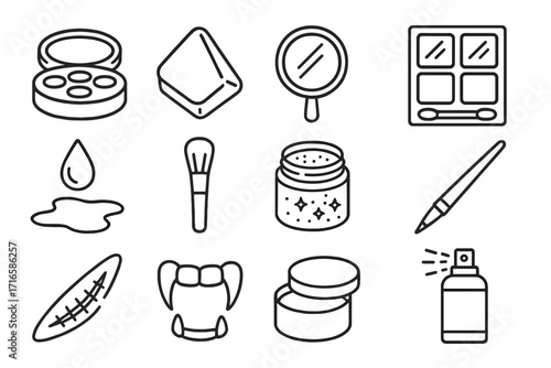 Halloween Makeup Icons. Line style icons of Halloween makeup tools: face paint, sponge, mirror, eye shadow; fake blood, makeup