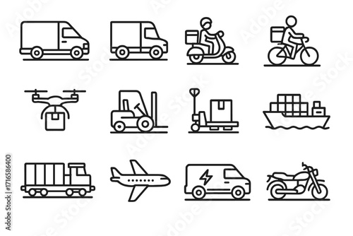 Delivery Transport Icons. Line style icons of delivery transport: delivery van, cargo truck, scooter, bicycle courier; drone