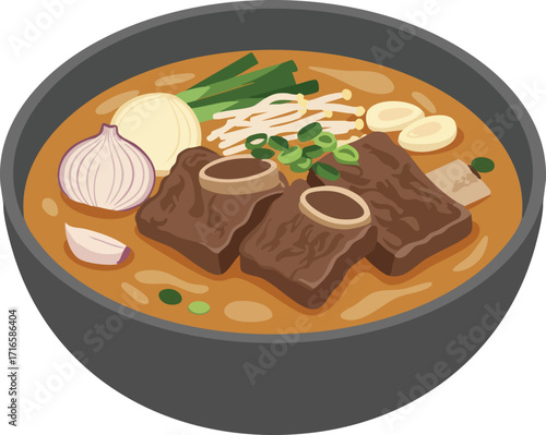 A hearty bowl of Korean beef rib stew, known as Galbi-jjim or Kalbi-jjim, with tender short ribs, garlic, onions, and mushrooms in a savory broth.