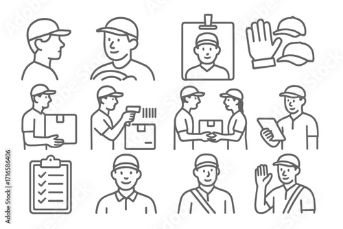 Delivery Icons Collection. Line style icons of delivery personnel: courier profile, driver photo, delivery ID, gloves and hat;
