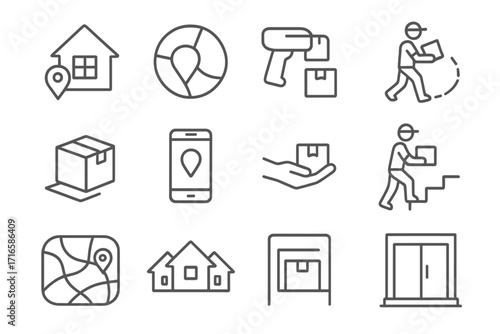 Last Mile Delivery Icons. Line style icons of last mile delivery: home address icon, delivery area, final scan, courier route;