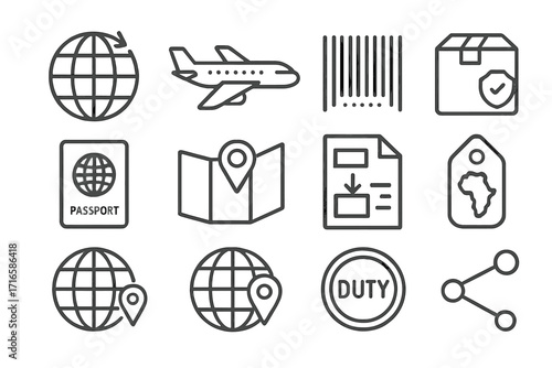 Global Shipping Icons. Line style icons of global shipping: globe with arrow, cargo airplane, international barcode, customs box;