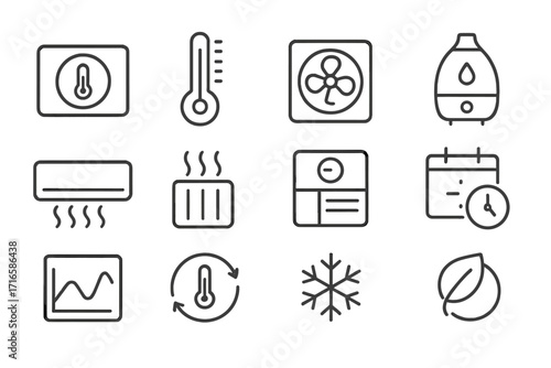 Climate Control Icons. Line style icons of climate control devices: smart thermostat, temperature sensor, fan control, humidifier;