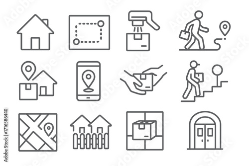Last Mile Delivery Icons. Line style icons of last mile delivery: home address icon, delivery area, final scan, courier route;
