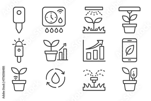 Smart Gardening Icons. Line style icons of smart gardening: soil sensor, irrigation controller, smart sprinkler, plant light;