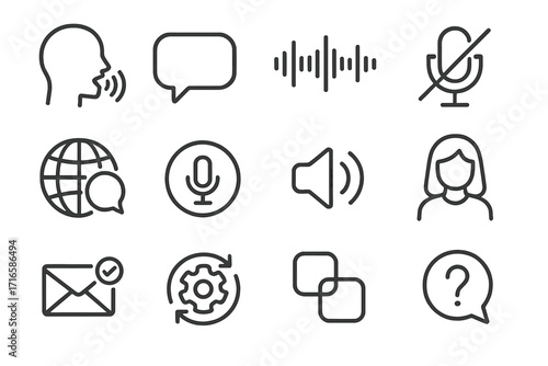 Voice Assistant Icons. Line style icons of voice assistant functions: voice command icon, speech bubble, listening waveform, mute