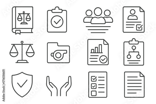 Ethics and Compliance Icons. Line style icons of ethics and compliance: ethics book, compliance check, corporate rules, conduct