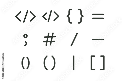 Coding Symbols Icons. Line style icons of coding symbols: angle brackets, code slash, curly braces, equals sign; semicolon,