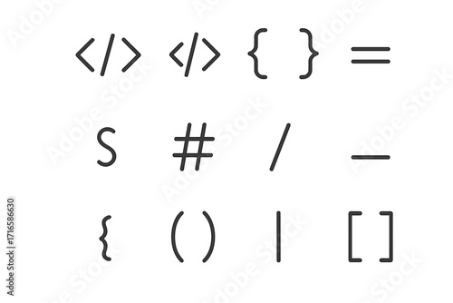 Coding Symbols Icons. Line style icons of coding symbols: angle brackets, code slash, curly braces, equals sign; semicolon,