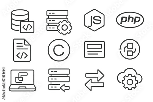Backend Language Icons. Line style icons of backend languages: database with code, server gear, Node.js icon, PHP logo; Java class