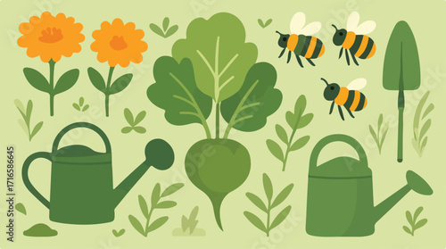 Flat Garlic, Onion & Herb Vegetable Set for Cooking Tutorials, Recipe Cards, and Culinary School Materials