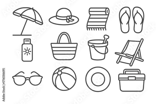 Beach Essentials Icons. Line style icons of beach essentials: beach umbrella, sun hat, beach towel, flip-flops; sunscreen bottle,