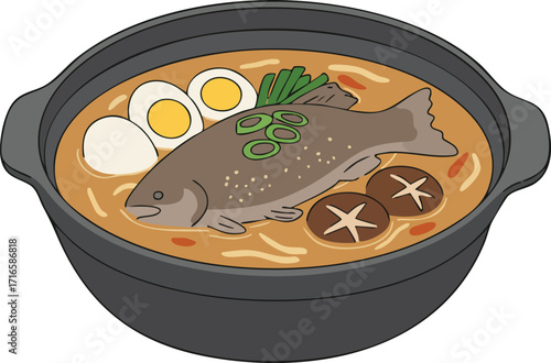 A delicious bowl of fish stew with eggs and mushrooms.