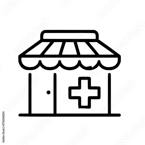 Outline Pharmacy Store Icon with Medical Cross Symbol
