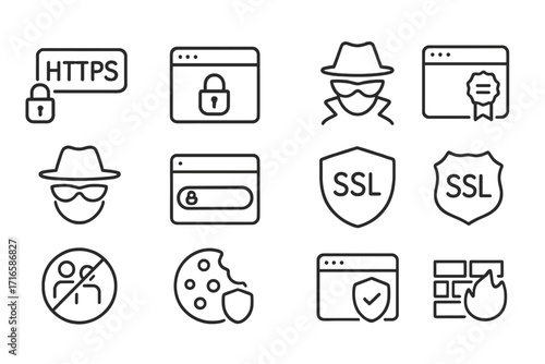 Secure Browsing Icons. Line style icons of secure browsing: HTTPS icon, browser with lock, private tab, security certificate;
