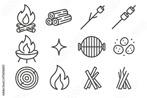 Campfire Line Icons. Line style icons of campfire elements: campfire, firewood stack, matchstick, roasting stick; marshmallows,