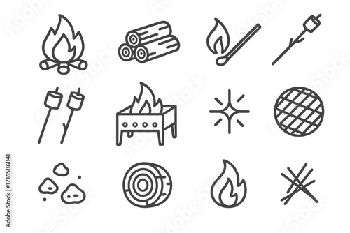 Campfire Line Icons. Line style icons of campfire elements: campfire, firewood stack, matchstick, roasting stick; marshmallows,