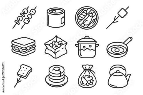 Outdoor Cooking Icons. Line style icons of outdoor cooking food: skewers, canned food, grilled veggies, marshmallow stick;
