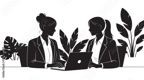 Two businesswomen have a meeting at a table with laptop surrounded by tropical plants symbolizing collaboration growth and success