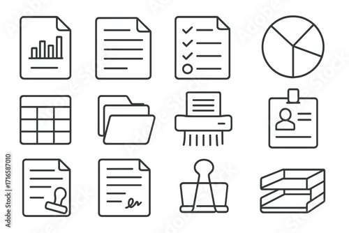 Office Document Icons. Line style icons of office documents: report file, printed sheet, checklist, pie chart; spreadsheet, folder