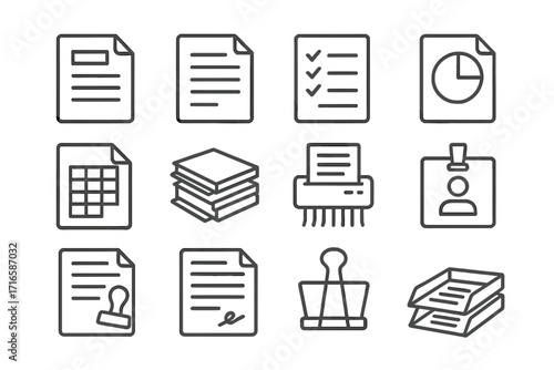 Office Document Icons. Line style icons of office documents: report file, printed sheet, checklist, pie chart; spreadsheet, folder