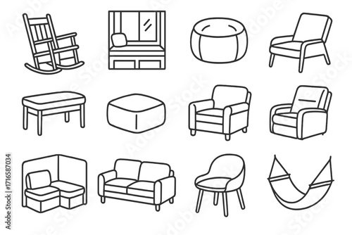 Cozy Seating Icons. Line style icons of cozy seating: rocking chair, window seat, pouf, lounge chair; cushioned bench, floor