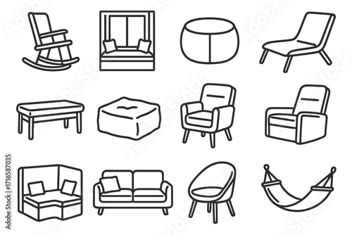 Cozy Seating Icons. Line style icons of cozy seating: rocking chair, window seat, pouf, lounge chair; cushioned bench, floor