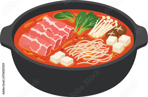 A steaming hot pot filled with thinly sliced meat, tofu, mushrooms, and noodles in a rich broth.