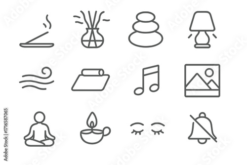 Calm Atmosphere Icons. Line style icons of calm atmosphere: incense stick, aroma diffuser, zen stone, calming light; soft breeze