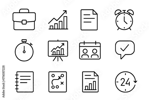 Business Icons Collection. Line style icons of business essentials: briefcase, chart arrow, document, alarm icon; time tracker,