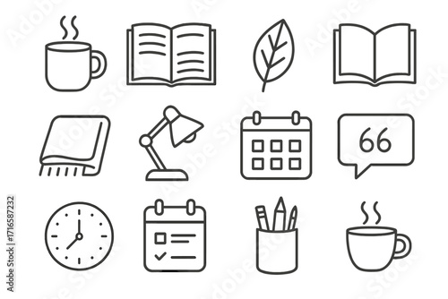 Home Work Icons. Line style icons of home work routine: tea steam, open planner, leaf decor, book shape; cozy layer, desk light,