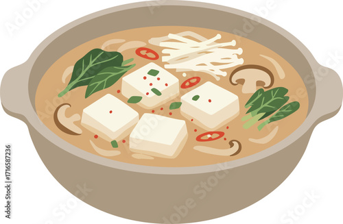 A close-up illustration of a Korean tofu stew with various ingredients in a bowl.