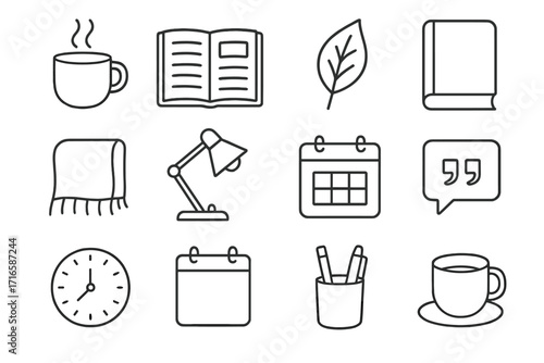 Home Work Icons. Line style icons of home work routine: tea steam, open planner, leaf decor, book shape; cozy layer, desk light,