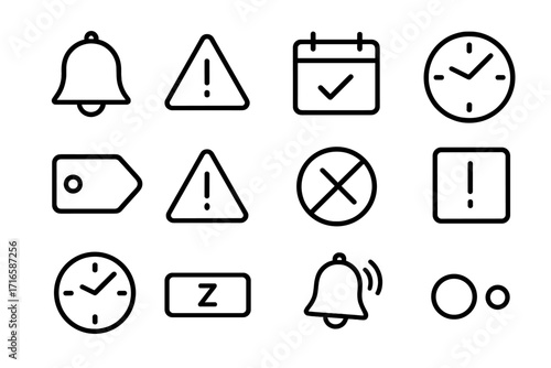 Business Alert Icons. Line style icons of business alerts: bell icon, attention sign, deadline notice, red clock; status tag,