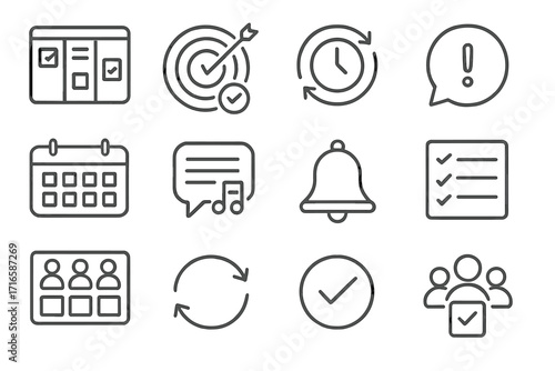 Team Productivity Icons. Line style icons of team productivity: task board, goal check, time sync, alert bubble; shared calendar,