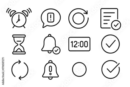 Automated Reminder Icons. Line style icons of automated reminders: auto alarm, smart ping, repeat check, scheduled list; set timer