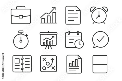 Business Icons Collection. Line style icons of business essentials: briefcase, chart arrow, document, alarm icon; time tracker,