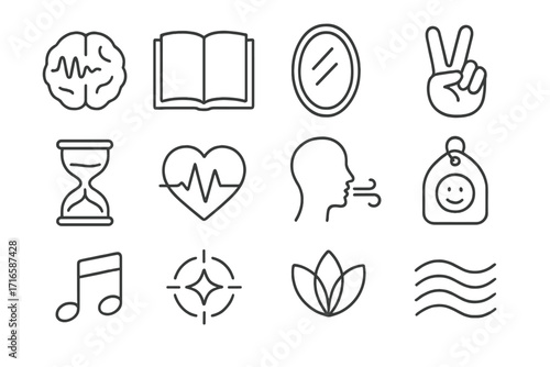 Balanced Life Icons. Line style icons of balanced state visuals: brain wave, journal, mirror, peace hand; hourglass icon, heart